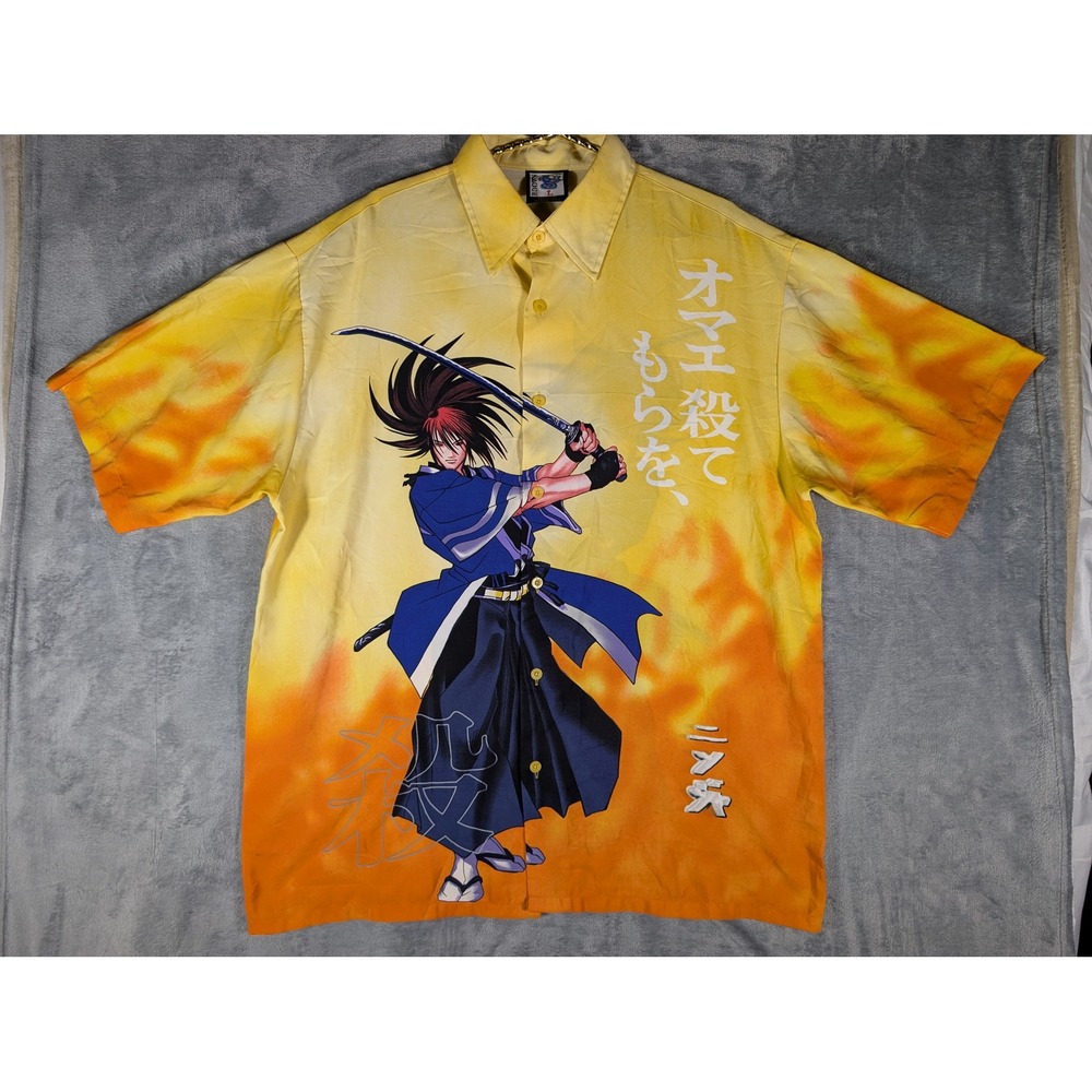 Vintage B Down Y2K Anime Samurai Flame Orange Yellow Button Up Shirt Mens Large